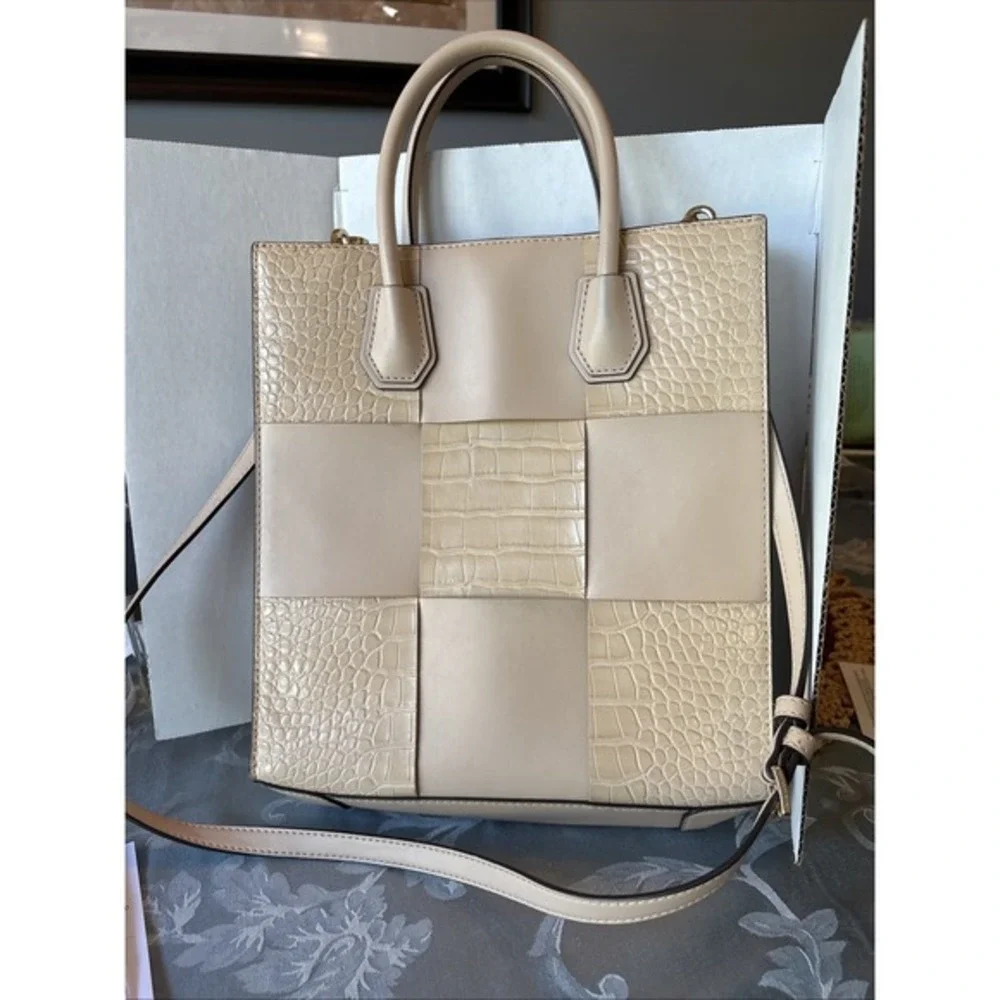 Michael Kors Mercer Medium NS Croc Embossed‎ Shopper Handbag Tote In Buff w/ COA